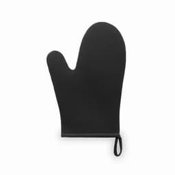 A black oven mitt with a textured surface and a hanging loop for storage.