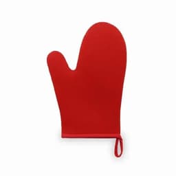 A red oven mitt with a textured surface and a hanging loop. It has a classic five-finger design.