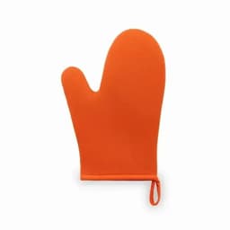 An orange oven mitt with a hanging loop, made of soft fabric.