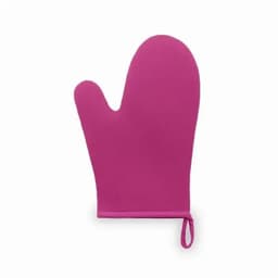 A pink silicone oven mitt with a hanging loop. Suitable for protecting hands while cooking.