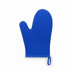 A blue silicone oven mitt with a textured surface and a hanging loop.