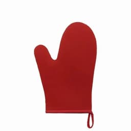 A red oven mitt made from silicone, featuring a textured surface and a loop for hanging.