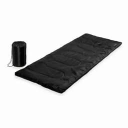A black sleeping bag laid out beside a compact, rolled-up version in a storage bag.