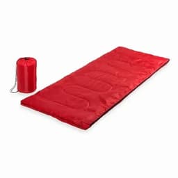 A sleeping bag in vibrant red, laid flat with a matching storage sack beside it.