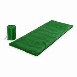 A green camping mattress with a matching carry bag for easy transport. The mattress features a padded surface for comfort.