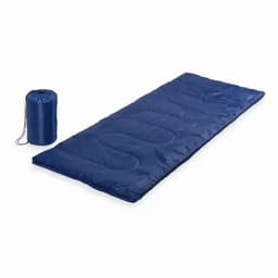 A blue sleeping bag laid out beside its blue storage bag. The sleeping bag features a padded design.