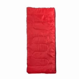 A sleeping bag in bright red with a textured surface and a logo on it.