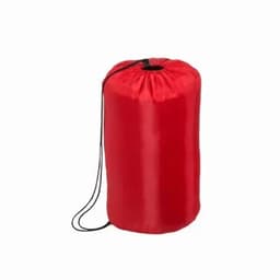 A red drawstring storage bag made of shiny fabric, featuring a cinch closure at the top.