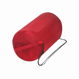 A red sleeping bag with a cylindrical shape, featuring a drawstring and carrying strap.