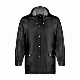 A jacket in black with a hood, featuring a front closure and two pockets. The interior is a lighter grey.