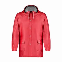 A red raincoat with a hood featuring snap buttons and front pockets, showcasing a sleek, glossy finish.