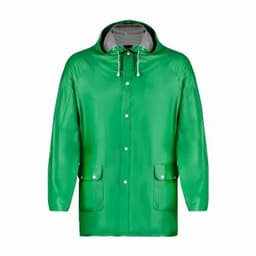 A green raincoat with a hood and two front pockets, featuring a grey interior lining. It has a logo on the chest.