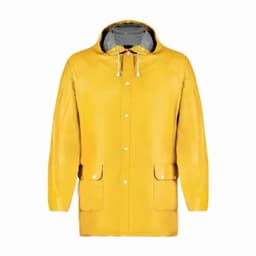 A yellow rain jacket featuring a hood and two front pockets. The jacket has a smooth finish and a grey lining.