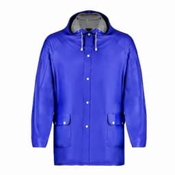A blue rain jacket featuring a hood, front pockets, and a zip closure. It has a logo on the chest.