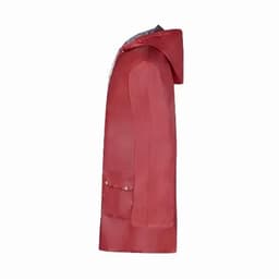A red raincoat with a hood, featuring pockets and a sleek design. The coat is displayed from the side.