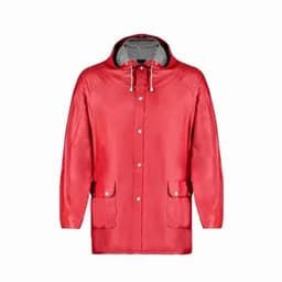 A red rain jacket featuring a hood and two front pockets, with a grey lining inside.
