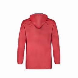 A red hooded jacket with long sleeves and a plain back view. It features a logo on the upper section.
