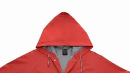 A red hooded jacket with a grey lining, featuring a drawstring and snap closures at the front.