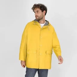 A rain jacket in vibrant yellow with a hood and two front pockets, featuring a grey lining.