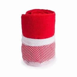 A red and white gym towel featuring a mesh section, rolled neatly for easy storage.