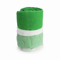 A green and white gym towel wrapped in a mesh holder. Features a textured fabric and breathable design.