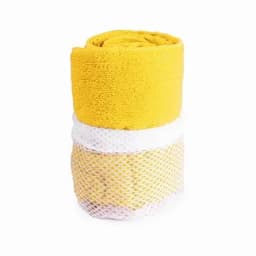 A rolled yellow towel with a white mesh holder, featuring a soft texture suitable for gym use.