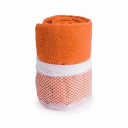 An orange towel wrapped in white mesh, featuring a textured fabric for absorbency.
