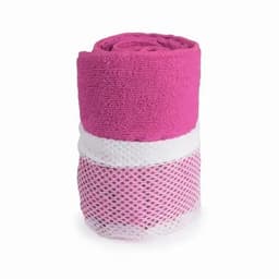A pink gym towel wrapped in mesh, featuring a white section at the bottom. The towel is compact and rolled.