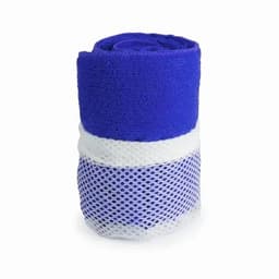 A rolled towel in blue and white fabric, featuring a textured mesh layer at the bottom. It has a simple design with no visible branding.
