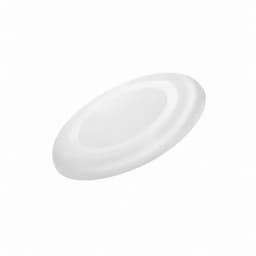 A white frisbee with a smooth, rounded design and a central indented area. It features a logo on the surface.