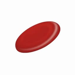 A red frisbee with a smooth, curved surface and a round shape. It features a logo on one side.