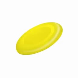 A yellow frisbee with a smooth surface and a rounded edge, featuring a logo.