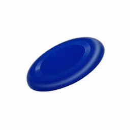 A blue frisbee with a smooth surface and a shallow centre, featuring a logo on its side.