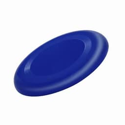 A blue frisbee with a smooth surface and a rounded edge. It features a simple design and a subtle logo.