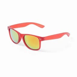 A pair of red sunglasses with reflective green lenses and a logo on the arm.