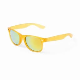 Bright yellow sunglasses with reflective green lenses, featuring a modern design and plastic frame.