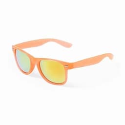 Bright orange sunglasses with reflective multicoloured lenses. Features a contemporary design and a branded logo.
