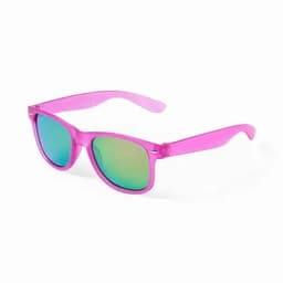 A pair of pink sunglasses with green mirrored lenses, featuring a classic retro design and a logo on the side.