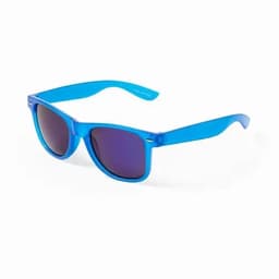A pair of blue sunglasses with dark lenses and a glossy finish. The frame features a classic shape.