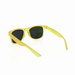 A pair of yellow sunglasses with dark lenses and a sleek, sporty design.