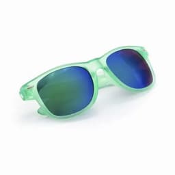 A pair of green, translucent sunglasses with blue mirrored lenses and a classic design.