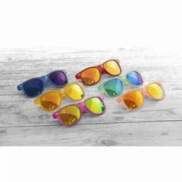 A collection of colourful sunglasses in various shades, featuring reflective lenses and different frame styles.