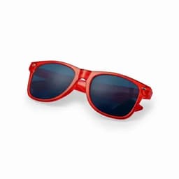 A pair of red sunglasses with dark lenses, featuring a simple and stylish design.