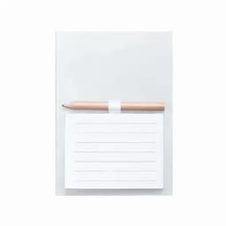 A notepad with horizontal lines and a light brown pencil resting on top, both on a simple white background.