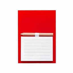 A red notebook with a white lined notepad and a wooden pencil placed on top. The notebook has a logo.