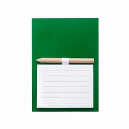 A green notepad with a wooden pencil positioned beside a white lined notepaper.