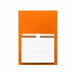 A notebook with horizontal lines in white and a wooden pencil on an orange background. The notebook is secured with a band.