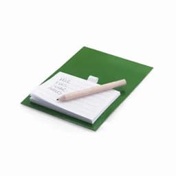 A green notepad with lined pages and a wooden pencil resting on top.