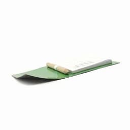 A green clipboard with a notepad and pencil resting on top. It has a simple, sleek design.