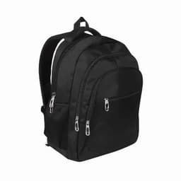 A black backpack with multiple compartments, featuring zippers and a side mesh pocket. It has shoulder straps for carrying.